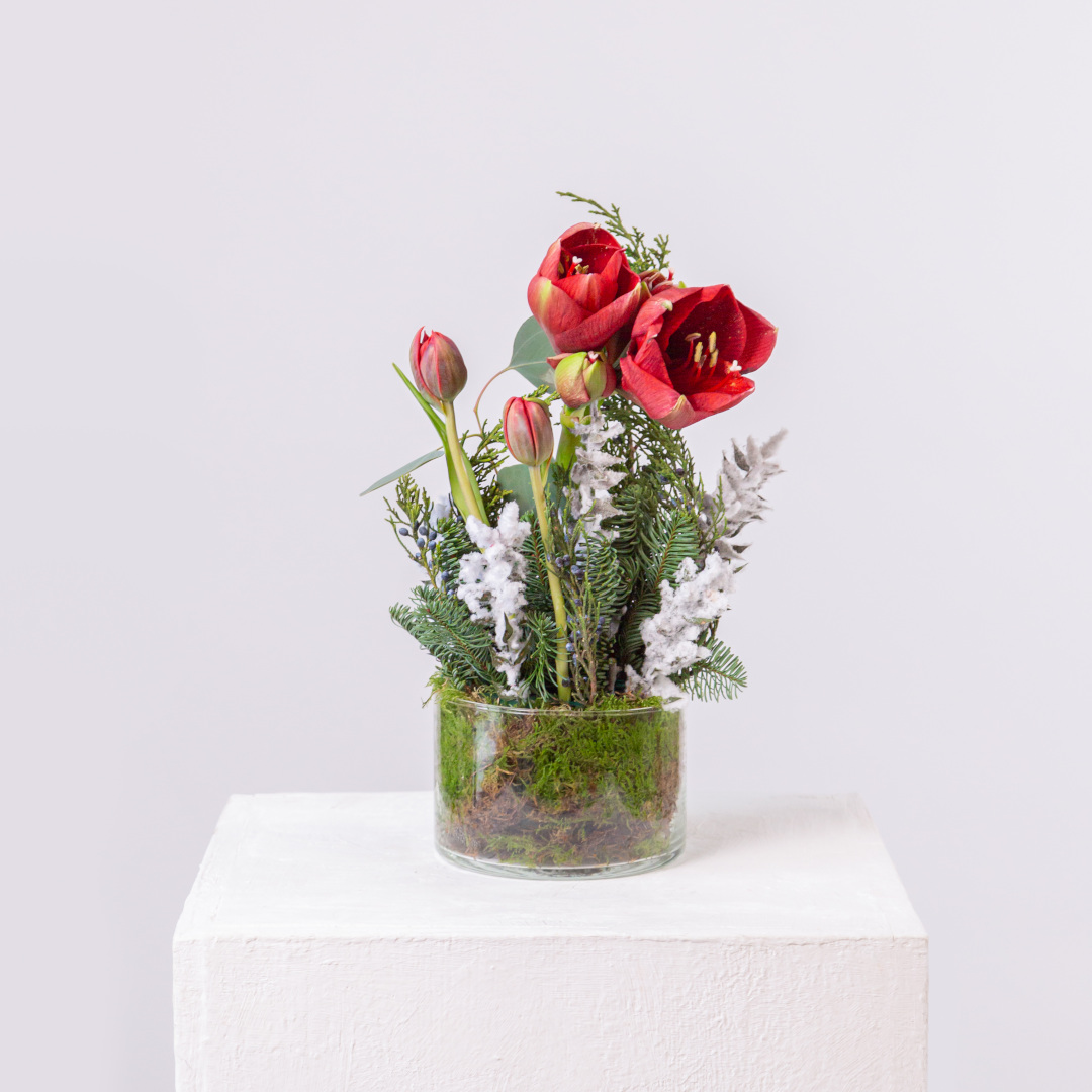 заказать букет Ваза с красными амариллисами и тюльпанами