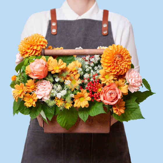 заказать букет Ящик с георгинами и хризантемой