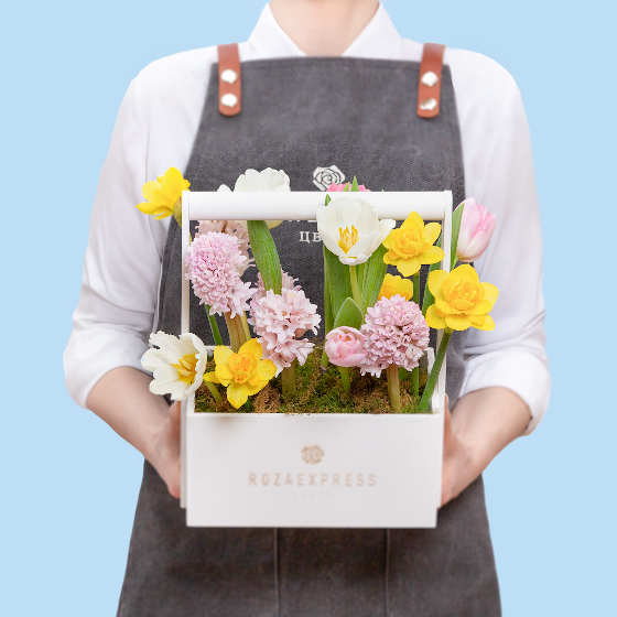 заказать букет Ящик желтыми нарциссами и гиацинтами