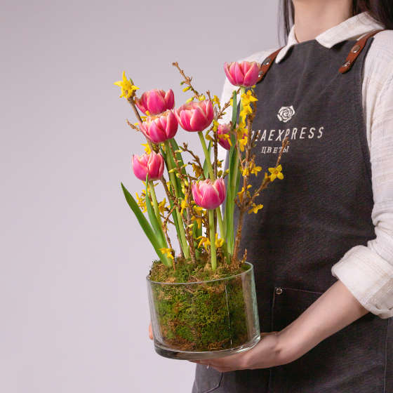 заказать букет Ваза с тюльпанами Колумбус и форзицией