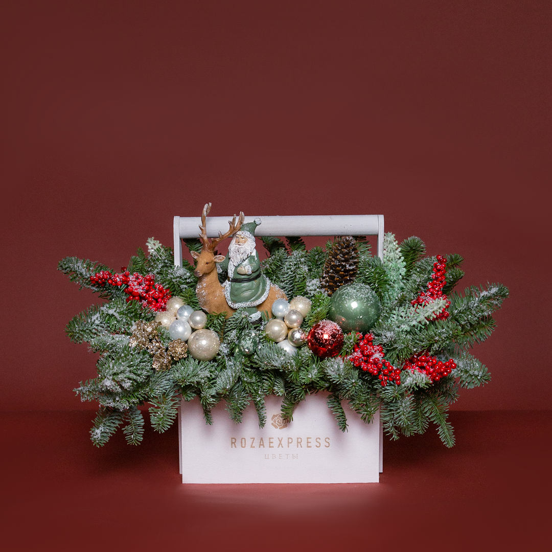 заказать букет Ящик с Сантой и оленем