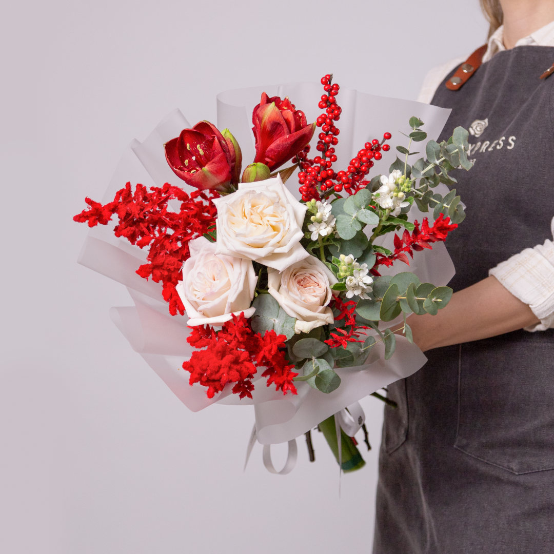 заказать букет Амариллис и розы Вайт Охара