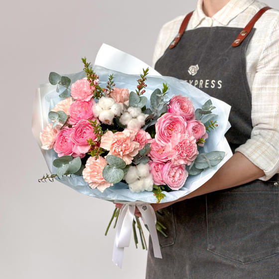 заказать букет Диантусы и розы Сильва Пинк