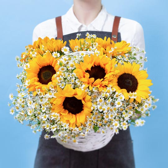заказать букет Корзина с подсолнухами и ромашкой